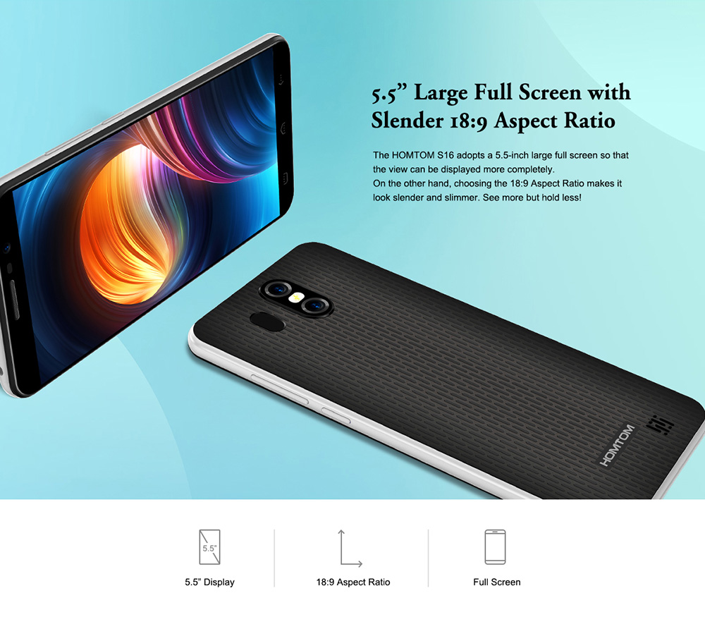 [HK Stock]HOMTOM S16 5.5 Inch Smartphone HD Screen MTK6580 Quad Core 2GB RAM 16GB ROM 8.0MP Cam Android 7.0 Touch ID 3000mAh - Blue