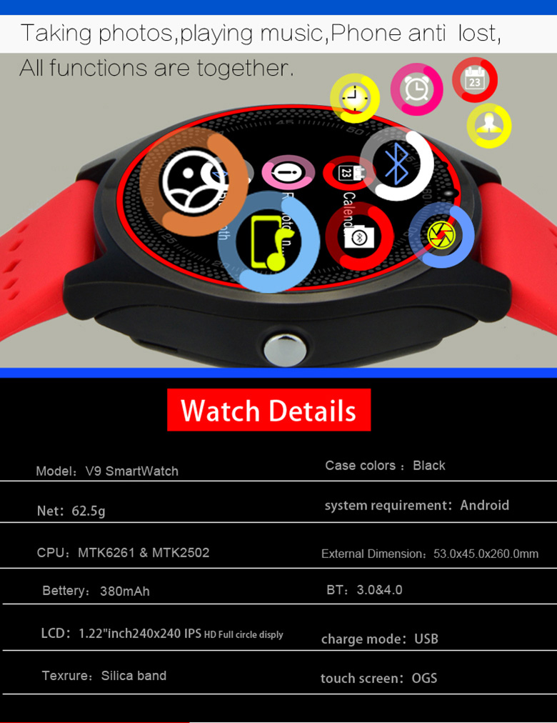 V9 Bluetooth Smart Watch MTK6261 Sync Notifier Support Sim Card Bluetooth Multi-color for iOS Andriod - Red/Black