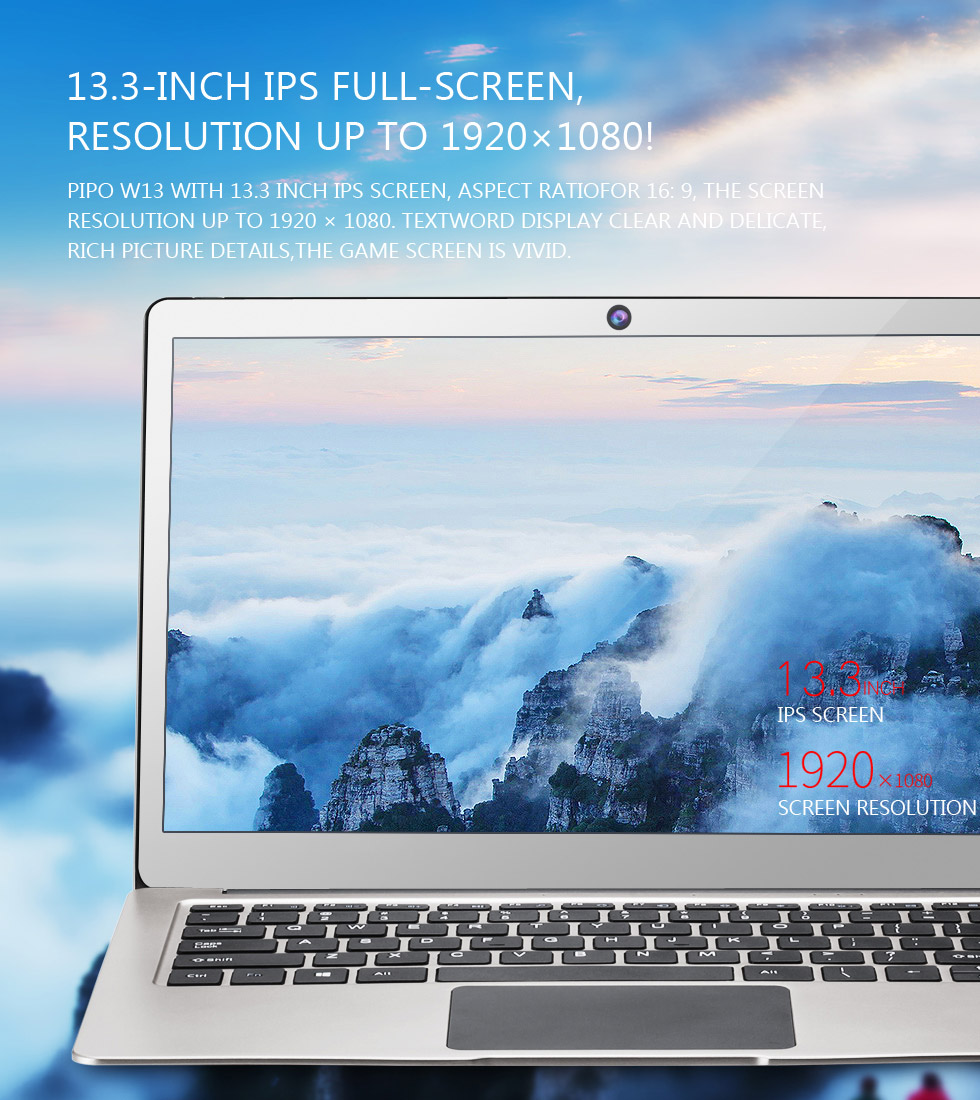 PIPO W13 Notebook 13.3 inch Windows 10 4GB RAM 64GB ROM Intel Celeron N3450 Quad Core IPS 1920*1080 - Silver