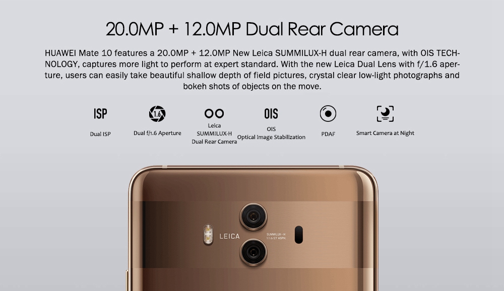 HUAWEI Mate 10 5.9 Inch Smartphone 2K Screen Android 8.0 4GB 64GB Kirin 970 20.0MP + 12.0MP Dual Rear Cam 4000mAh Four-sided Curved Glass Body  - Black