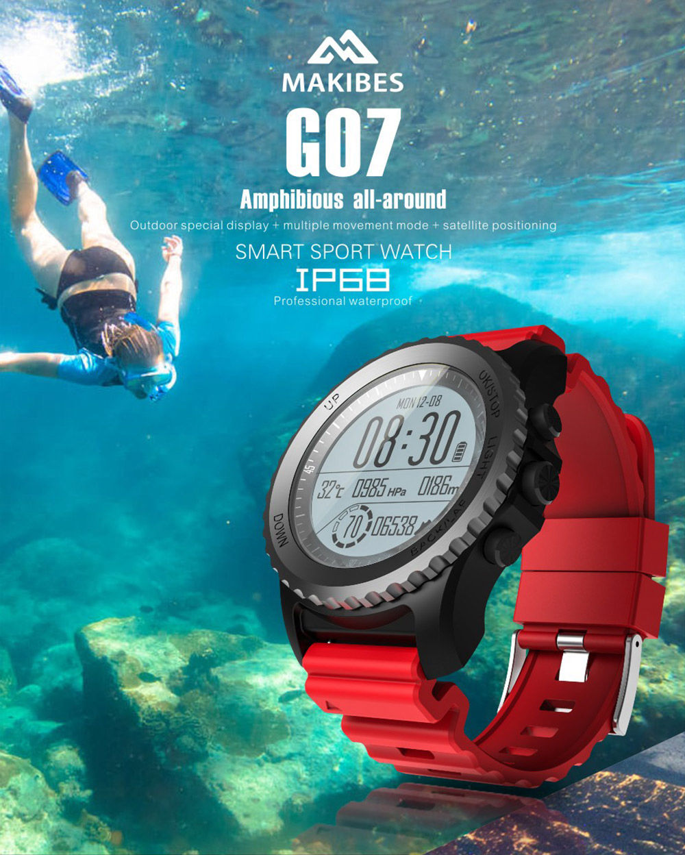 Makibes G07 IP68 Water Resistant Smart Sport Watch GPS Nordic4.0 IOS8 Android4.3 GPS Fitness - Black