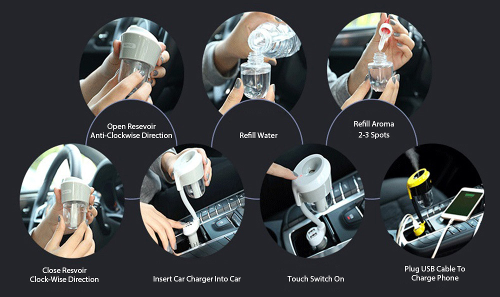 Remax RT-C01 Car Charger Fragrance Humidifier Set with 5V 2.1A Dual USB Charging Ports - Black + Yellow