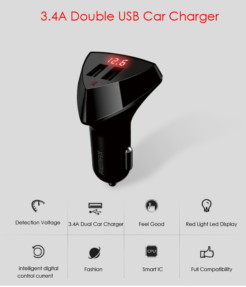 Remax RCC-208 5V 3.4A Fast Charging Universal Dual USB Smart Car Charger with Digital LED Display - Black