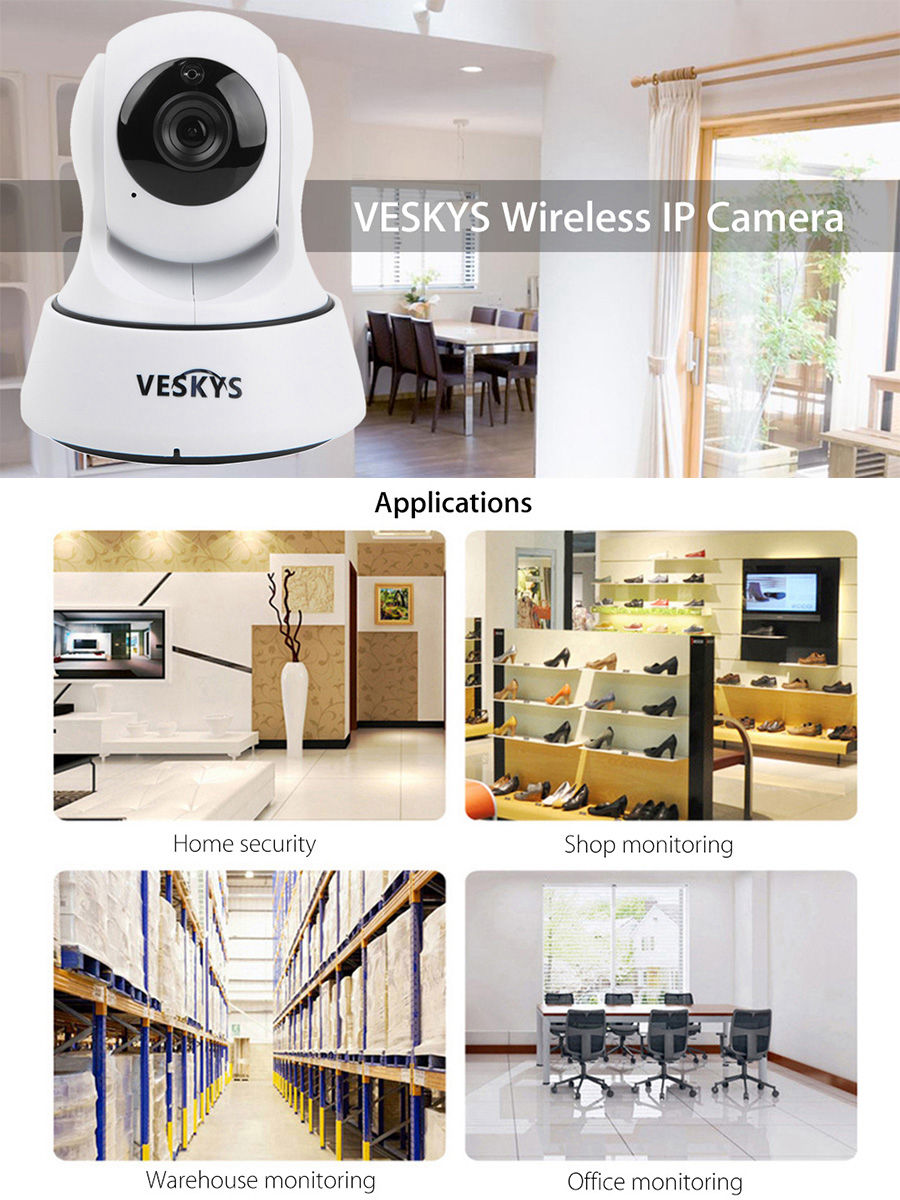 VESKYS C100 720P WiFi IP Camera 1.0MP CMOS Night Vision Motion Support 64GB TF Card Security Camera -White