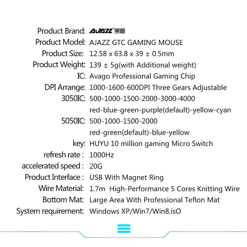 Ajazz GTC A5050 Wired Gaming Mouse Colorful Backlights 7 Keys Adjustable 2400 DPI Programmable Mouse - Black