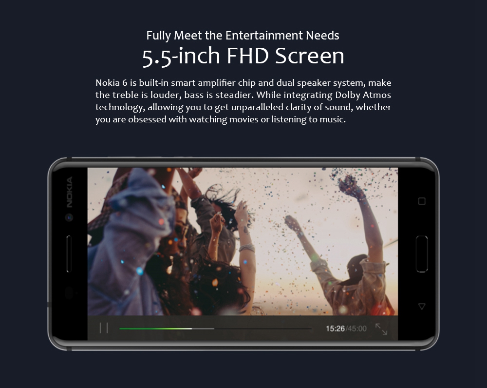 Nokia 6 5.5 Inch 4G LTE Smartphone 4GB RAM 32GB ROM Snapdragon 430 Octa Core 16.0MP + 8.0MP Cam Android 7.0 Touch ID Fast Charge - Silver