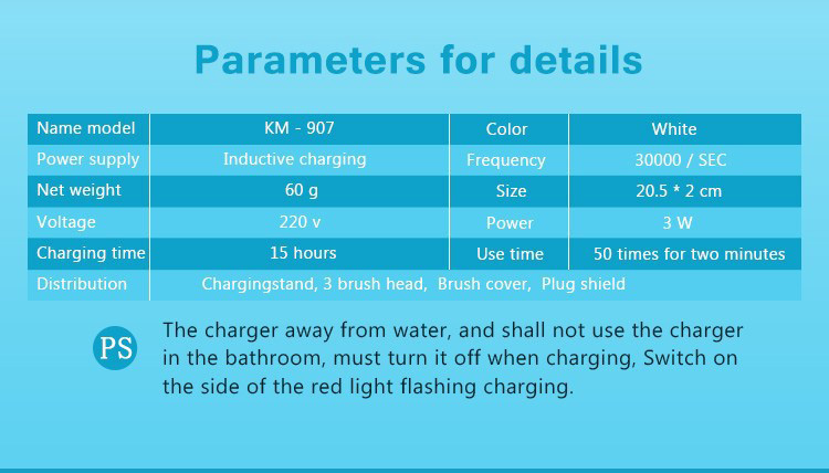 Kemei KM-907 Ultrasonic Electric Toothbrush Rechargeable IPX7 Waterproof -Blue