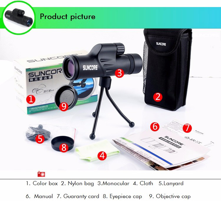 SUNCORE 10014 8x30 Monocular Telescope With Tripod Waterproof BAK-4 Prisms Clear Vision - Black