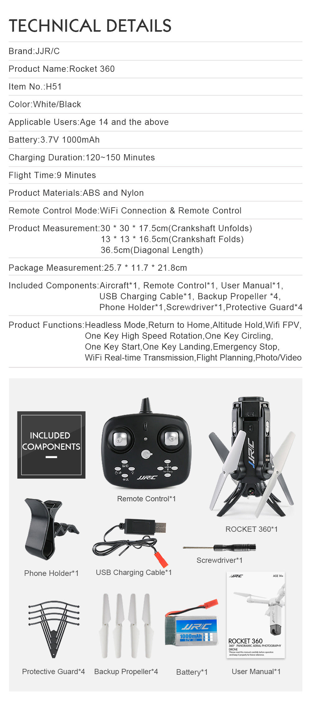 JJRC H51 Rocket 360 WIFI FPV Foldable Drone with 720P 90 Degree Adjustable Camera Altitude Hold Mode RC Quadcopter RTF - Black