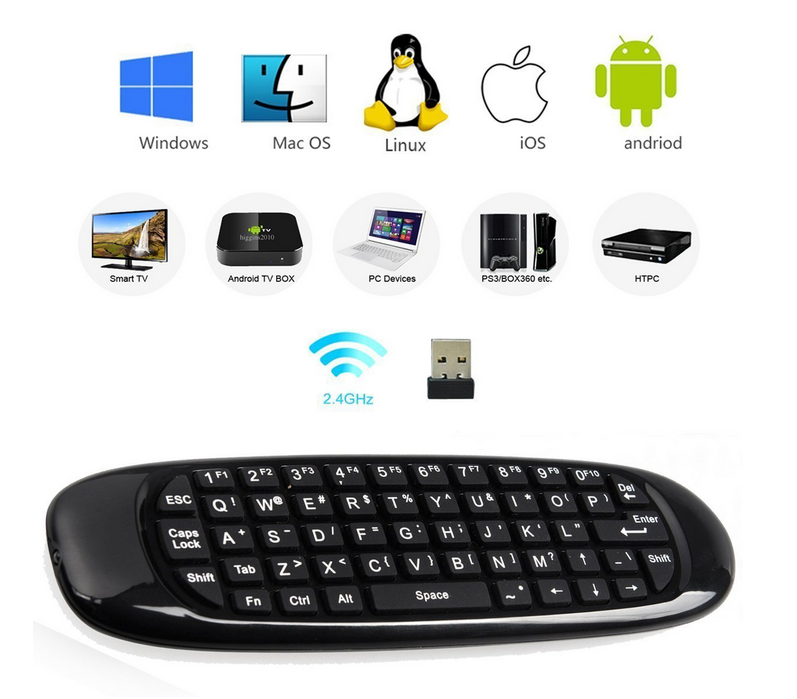 C120 6-Axis Gyro 2.4G Mini Wireless Air Mouse QWERTY Keyboard for Android/Windows/Mac OS/Linux Systems - Black