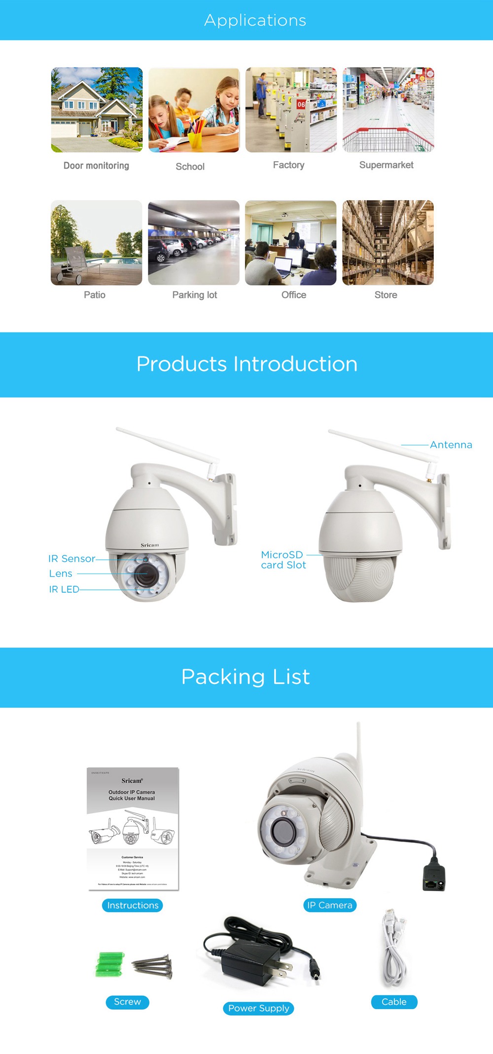 SRICAM SP008 960P WiFi IP Camera H.264 Onivf IP66 Waterproof IR-Cut Night Vision CMOS Sensor Security Camera -White