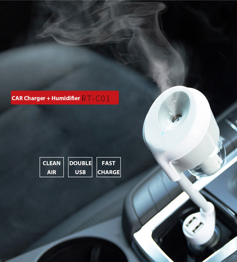 Remax RT-C01 Car Charger Fragrance Humidifier Set with 5V 2.1A Dual USB Charging Ports - Black + Yellow