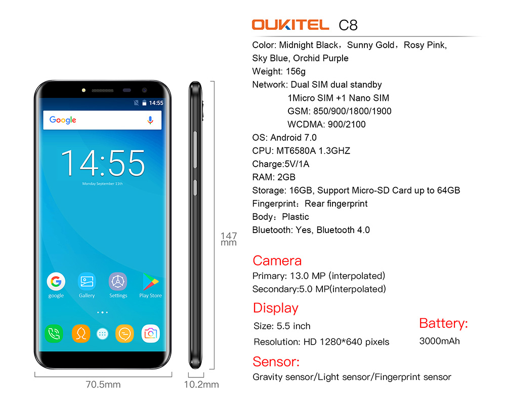 [HK Stock]Oukitel C8 5.5 Inch Smartphone HD 18:9 Aspect Ratio Screen 13.0MP Cam MTK6580A Quad Core 2GB RAM 16GB ROM Android 7.0 Touch ID 3000mAh - Pink