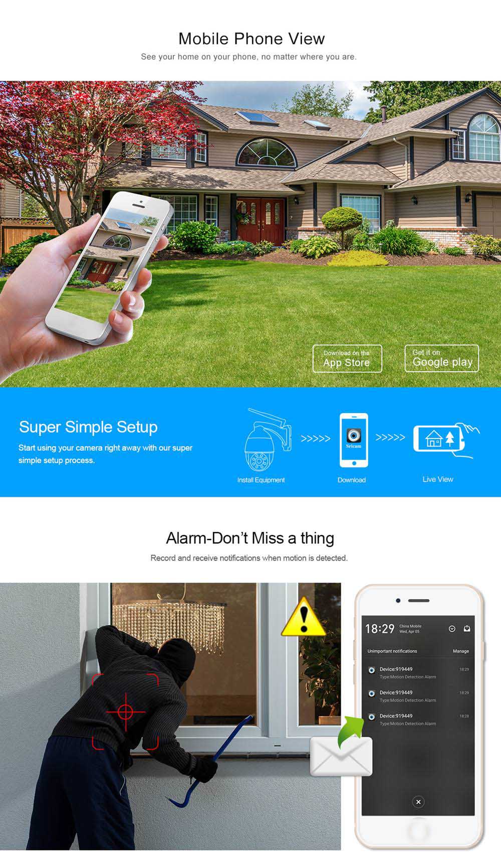 SRICAM SP008 960P WiFi IP Camera H.264 Onivf IP66 Waterproof IR-Cut Night Vision CMOS Sensor Security Camera -White