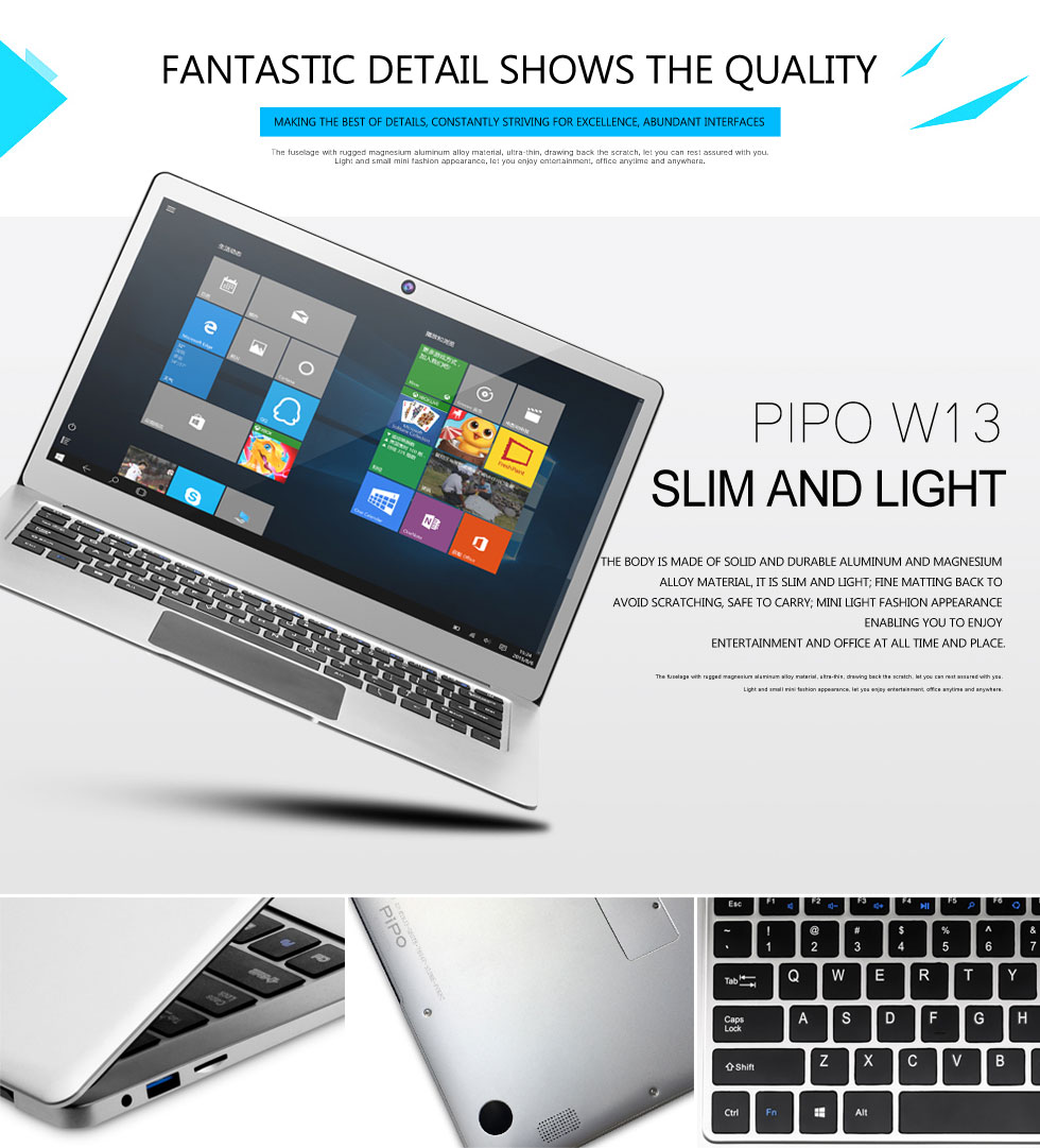 PIPO W13 Notebook 13.3 inch Windows 10 4GB RAM 64GB ROM Intel Celeron N3450 Quad Core IPS 1920*1080 - Silver