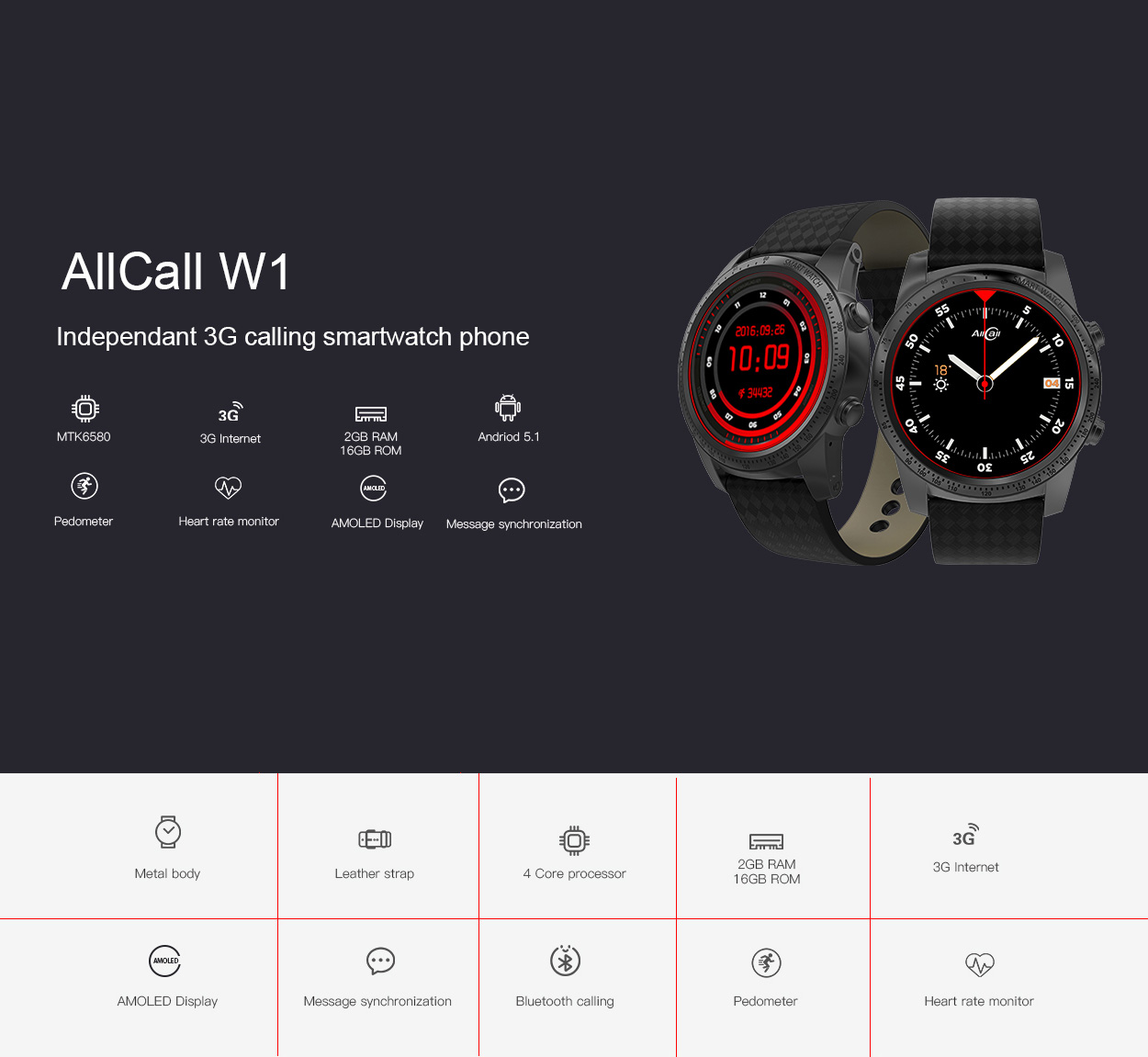 ALLCALL W1 3G Smartwatch Phone Android 5.1 MTK6580 Quad Core 1.3GHz 2GB RAM 16GB ROM GPS Bluetooth 4.0 - Tarnish