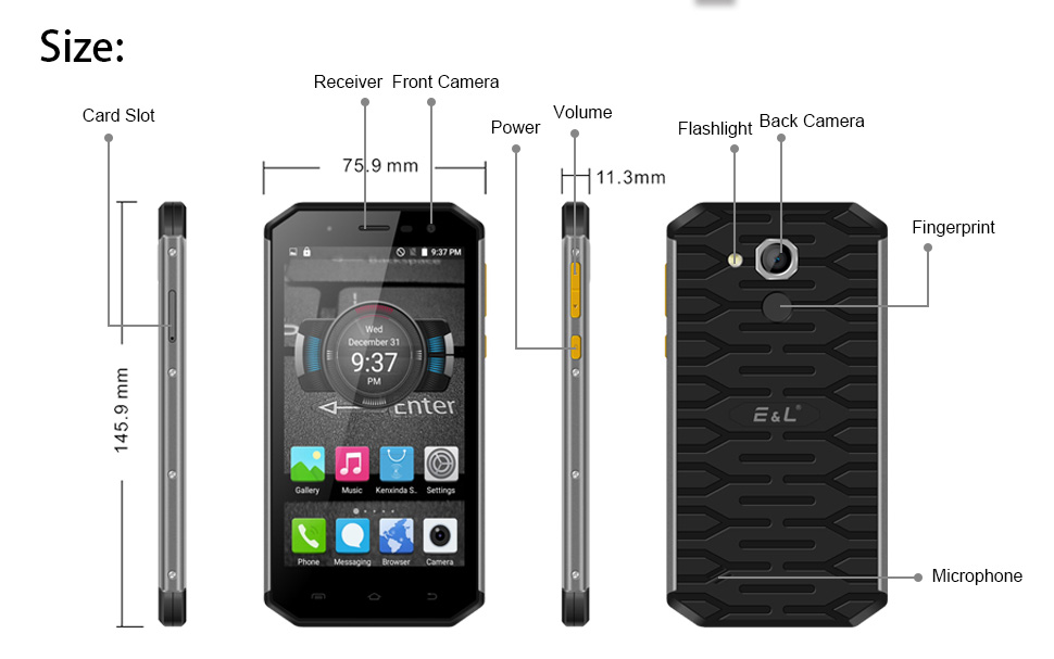[HK Stock]E&L S50 5.0 Inch Smartphone IP68 Waterproof HD Screen 3GB 32GB 13.0MP Cam MT6753 Octa Core Android 7.0 Touch ID OTG - Black
