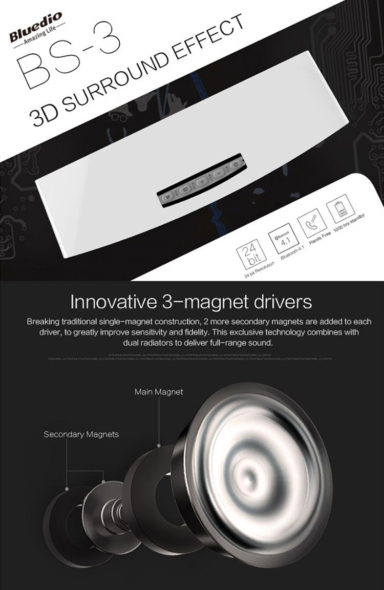 Bluedio BS-3 Mini Wireless Bluetooth V4.1 Speaker Stereo Music Surround - Black