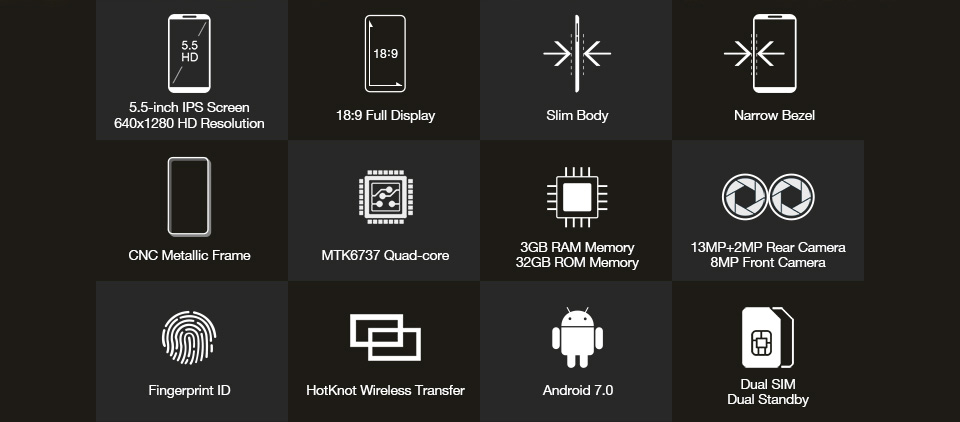 [HK Stock]HOMTOM S7 5.5 Inch Smartphone 18:9 Aspect Ratio HD Screen MT6737 Quad Core 3GB RAM 32GB ROM Dual Rear Camera Android 7.0 Touch ID 2900mAh - Silver
