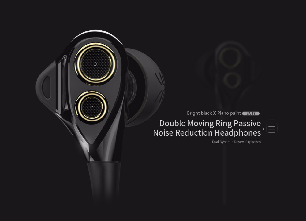 UIISII T8 In-ear Earphones with Mic Stereo Dual Dynamic Drivers Strong Bass Noise Reduction - Black