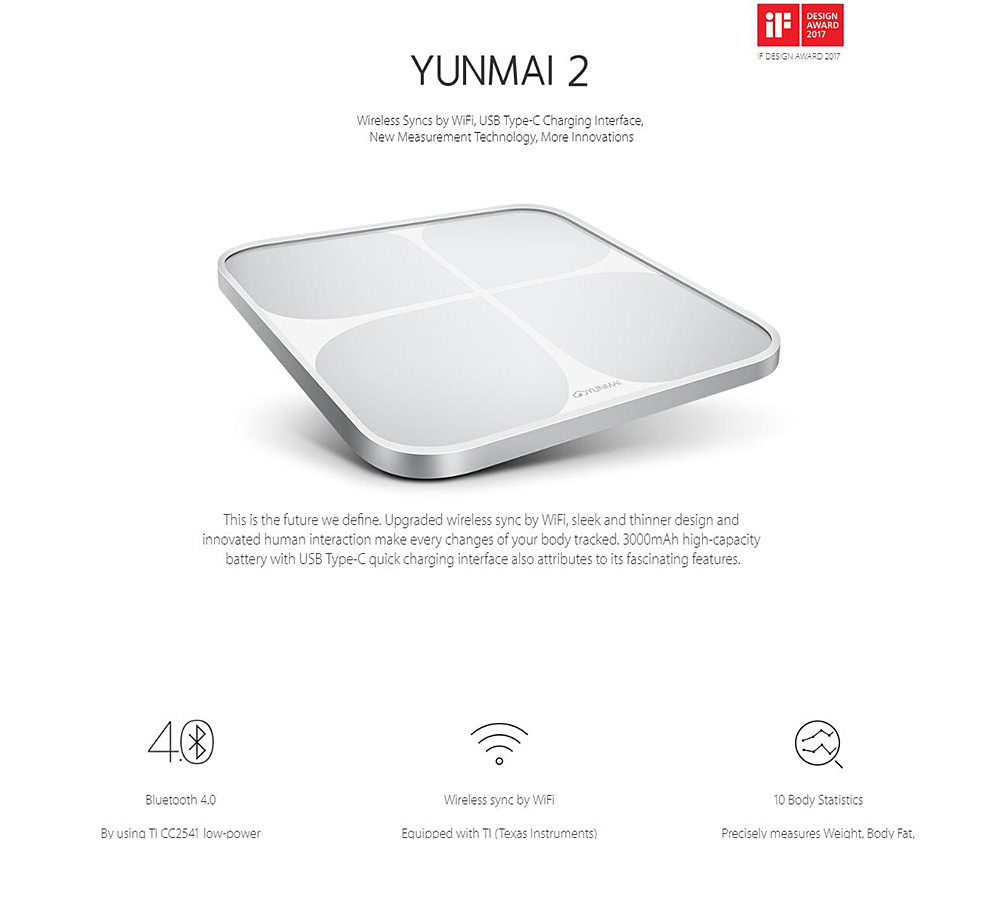 [Internation Version]Yunmai 2 M1601 Smart Body Fat Scale Bluetooth 4.0 APP Remote Control Body Composition Monitor LCD Display -Silver