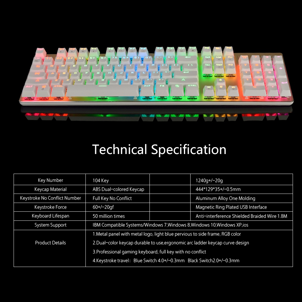 Ajazz Wired RGB Mechanical Keyboard Blue Switch 104 Keys + Gaming Mouse Set With Backlights - White