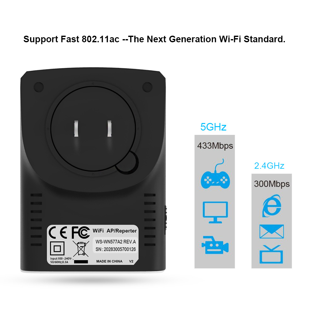 WAVLINK WL-WN577A2 WiFi Amplifier 802.11AC 750Mbps Dual Band WiFi Range Extender WiFi Repeater - Black