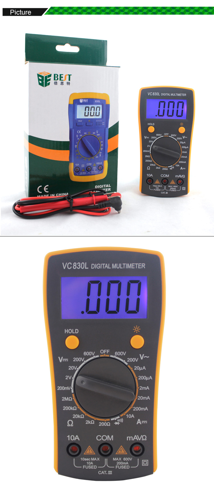 BEST VC830L LCD Digital Multimeter for AC DC Voltage Current Resistance