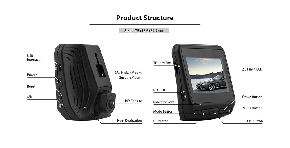 Blackview DAB211 Ambarella A12A55 OV4689 2.31 Inch LCD Dash Camera 1440P 170 Degree Wide Angle Built-in GPS With ADAS Car Night Vision Video Recorder - Black