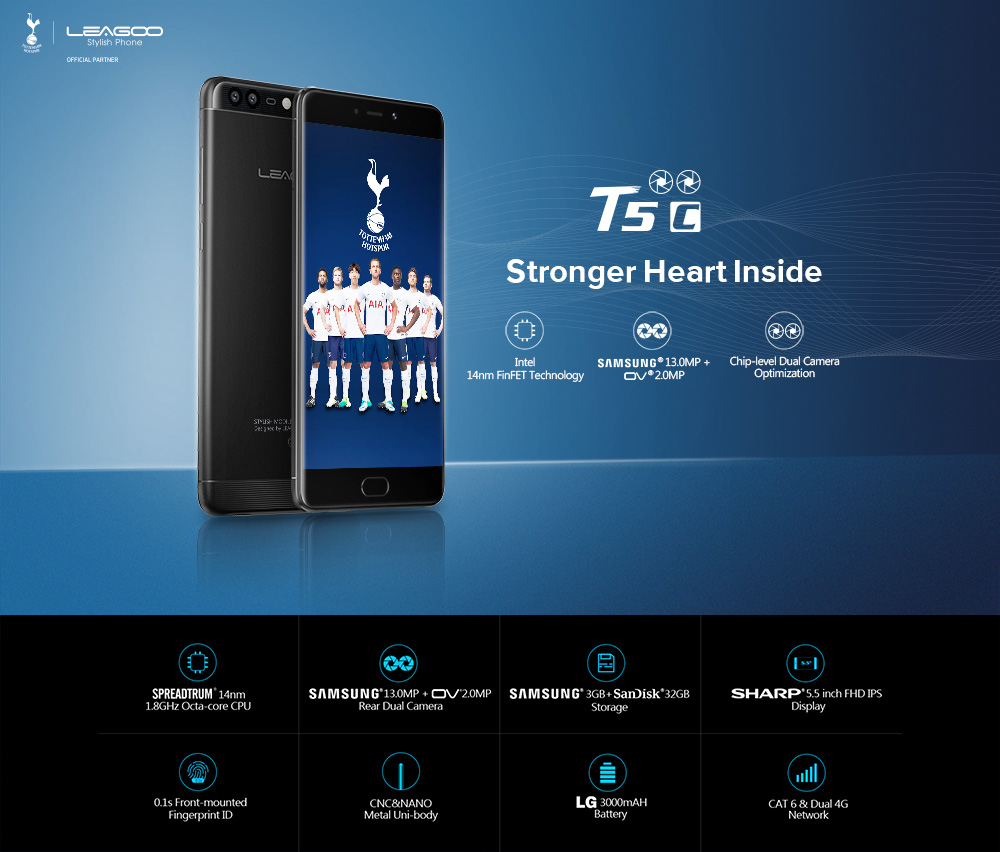 [HK Stock]LEAGOO T5C 5.5 Inch Smartphone FHD Screen 3GB 32GB SC9853 Octa Core Dual Rear Camera Android 7.0 Touch ID Metal Unibody 3000mAh - Gold