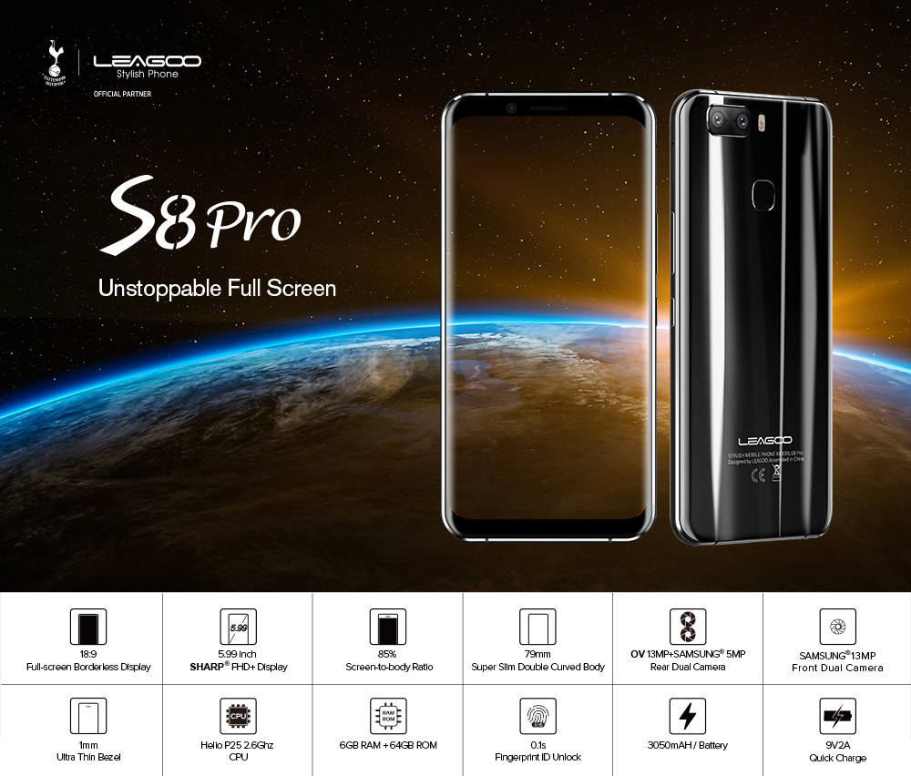 [HK Stock]Leagoo S8 Pro 5.99 Inch Smartphone 18:9 FHD+ Screen 6GB 64GB Helio P25 Octa Core Dual Rear Camera Android 7.0 Touch ID Quick Charge - Black