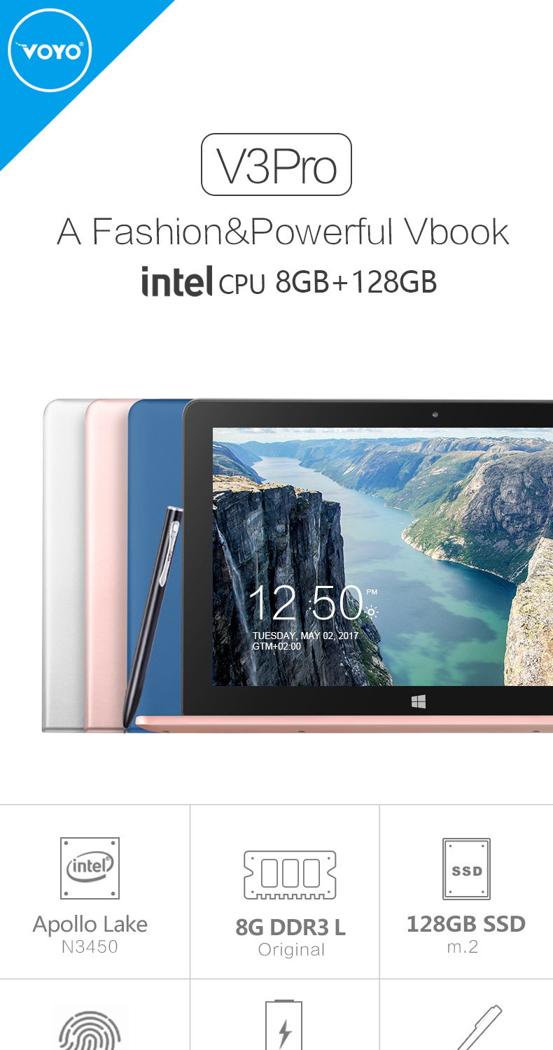 VOYO V3 Pro 13.3 Inch Windows 10  Notebook Quad Core 1.1GHz 8GB RAM 128G SSD ROM TF Card Dual Wifi 360 Degree Adjustable