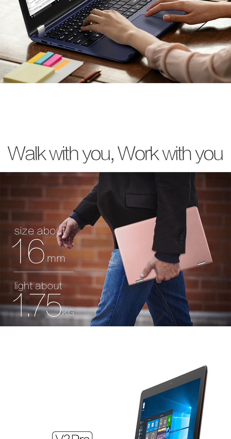 VOYO V3 Pro 13.3 Inch Windows 10  Notebook Quad Core 1.1GHz 8GB RAM 128G SSD ROM TF Card Dual Wifi 360 Degree Adjustable  Bluetooth 4.0 - Gold