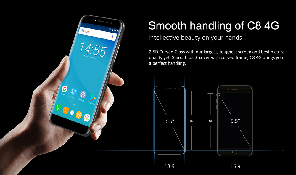 [HK Stock]Oukitel C8 4G 5.5 Inch Smartphone 18:9 Aspect Ratio HD Screen 13.0MP Camera MT6737 Quad Core 2GB RAM 16GB ROM Touch ID 3000mAh - Midnight Black