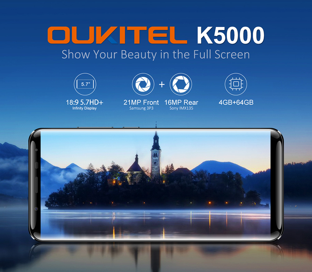 [HK Stock]OUKITEL K5000 5.7 Inch Smartphone 18:9 Aspect Ratio HD+ Screen 4GB 64GB MT6750T Octa Core Android 7.0 Touch ID 16.0MP + 21.0MP Cameras Android 7.0 5000mAh Large Battery - Gold