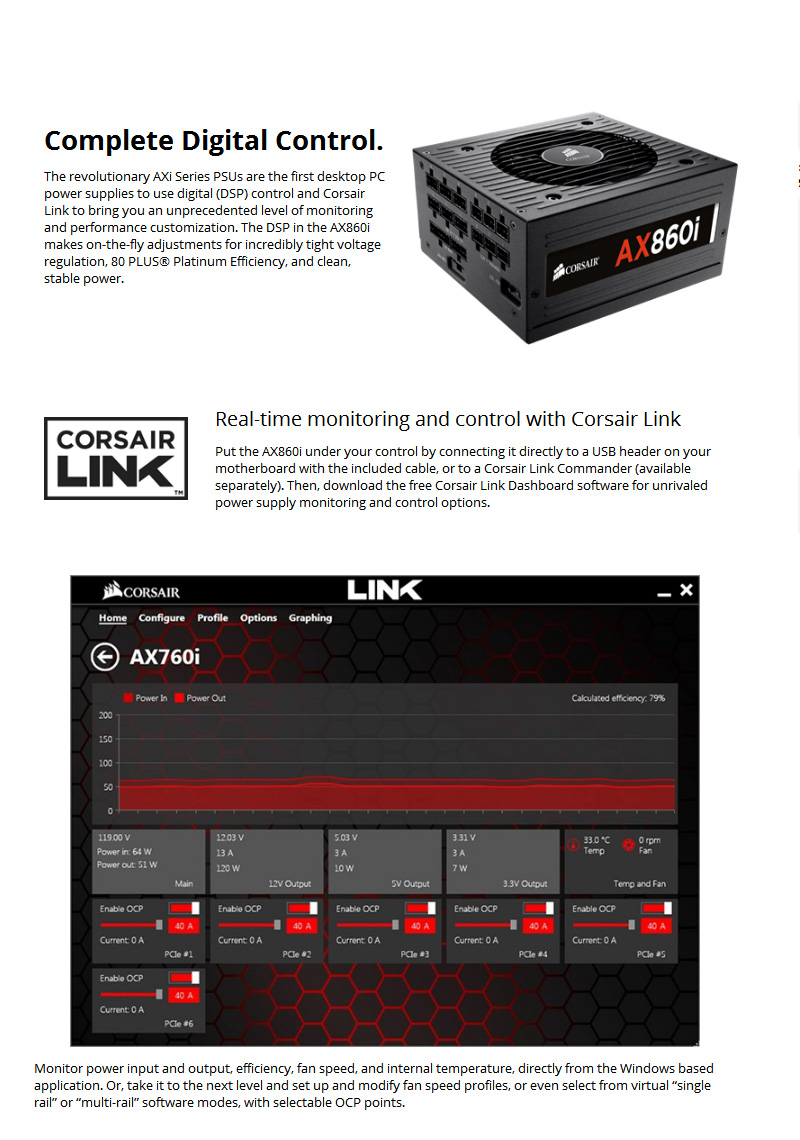 Corsair AX860i 860W Fully Modular Digital Power Supply 80 Plus Platinum Certified - Black