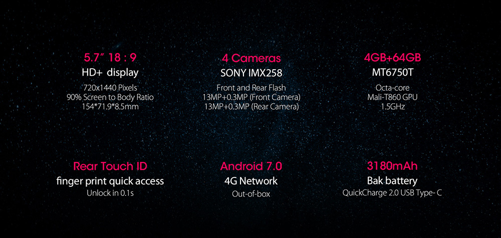 [HK Stock]Blackview S8 5.7 Inch Smartphone 18:9 HD+ Screen 4GB 64GB MT6750T Octa Core Four Camera Android 7.0 Touch ID 3180mAh - Black