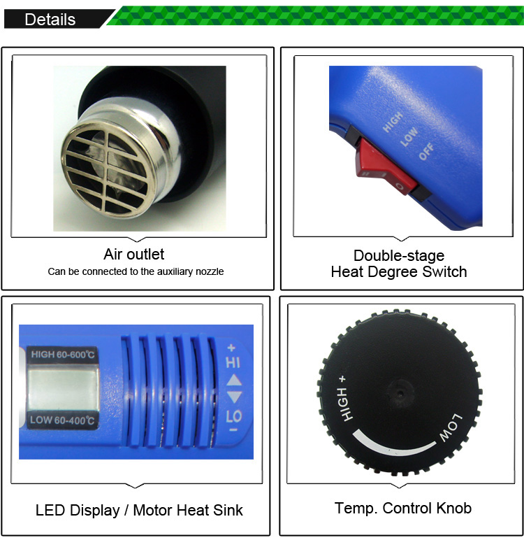 BEST 8016 Hot Air Gun Handheld LCD Display Electronic Heat Gun 220V 1600W For SMT SMD Rework Repair - Blue