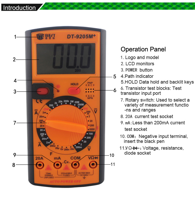 BEST DT-9205M+ LCD Digital Multimeter for AC DC Voltage Current Resistance Capacitance