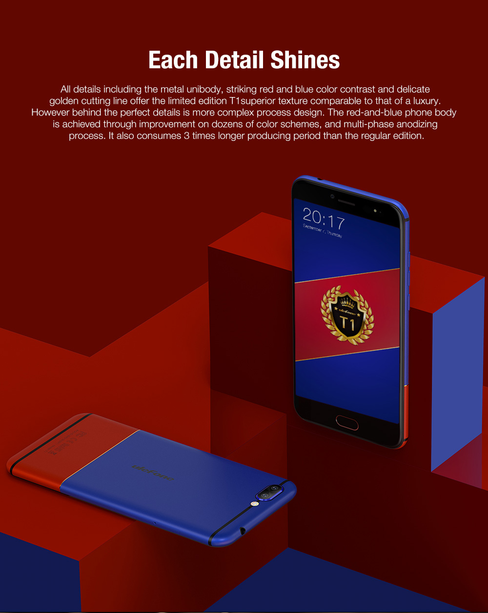 [HK Stock][Global Version]Ulefone T1 5.5 Inch 4G LTE Smartphone Helio P25 Octa Core 2.6Ghz  6GB 128GB 16.0MP Dual Rear Cam Android 7.0 Type-C NXP HiFi Audio - Red Blue