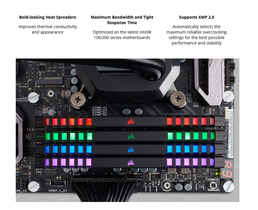 Corsair Vengeance 2 x 8GB DDR4 Memory Modules RGB LED 3000 PC4-24000 C15 Intel 100/200 Series PC Memory Kit - Black