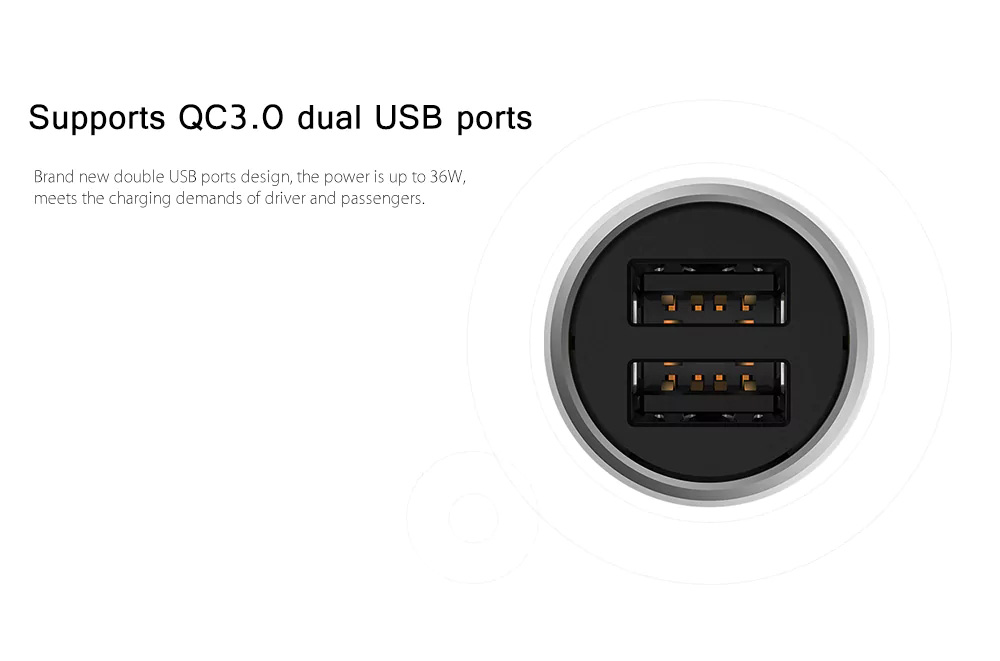 Original Xiaomi Car Charger Fast Charge Version QC3.0 Dual USB Ports Temperature Control Multiple Protections - Silver