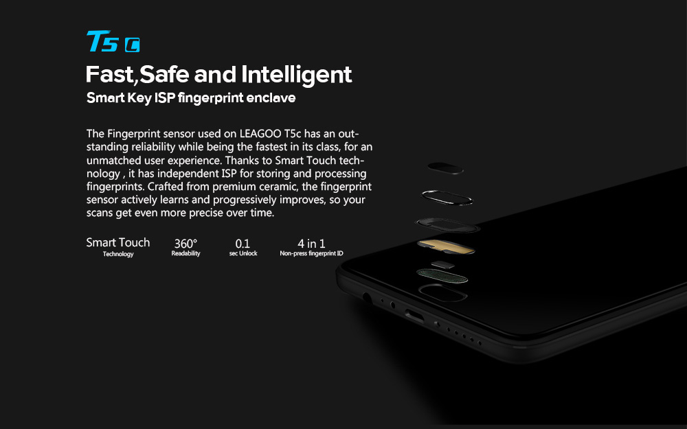 [HK Stock]LEAGOO T5C 5.5 Inch Smartphone FHD Screen 3GB 32GB SC9853 Octa Core Dual Rear Camera Android 7.0 Touch ID  Metal Unibody 3000mAh - Black