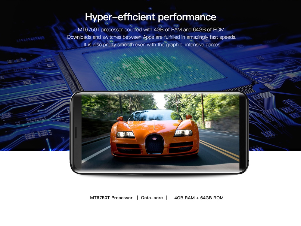 UHANS i8 5.7 Inch Smartphone 18:9 HD+ Full Screen 4GB 64GB MT6750T Octa Core Dual Rear Camera Android 7.0 Touch ID 3500mAh - Black