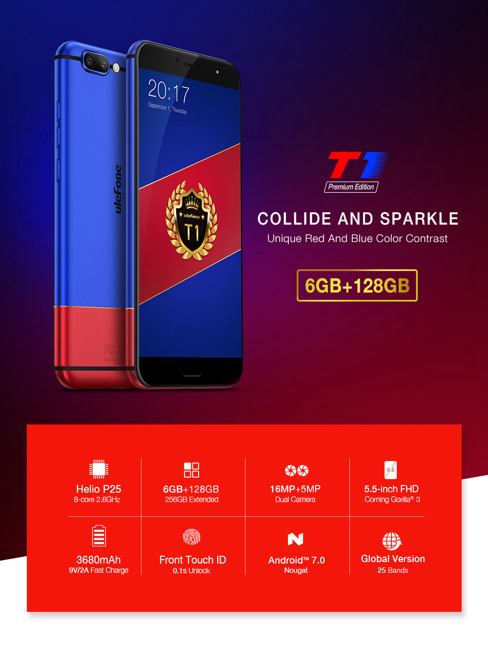 [HK Stock][Global Version]Ulefone T1 5.5 Inch 4G LTE Smartphone Helio P25 Octa Core 2.6Ghz  6GB 128GB 16.0MP Dual Rear Cam Android 7.0 Type-C NXP HiFi Audio - Red Blue