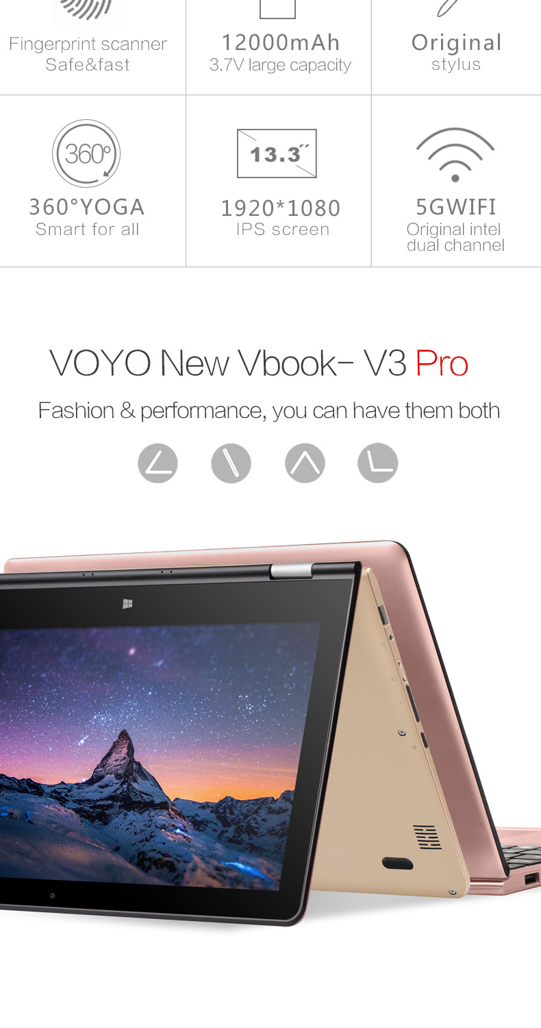 VOYO V3 Pro 13.3 Inch Windows 10  Notebook Quad Core 1.1GHz 8GB RAM 128G SSD ROM TF Card Dual Wifi 360 Degree Adjustable