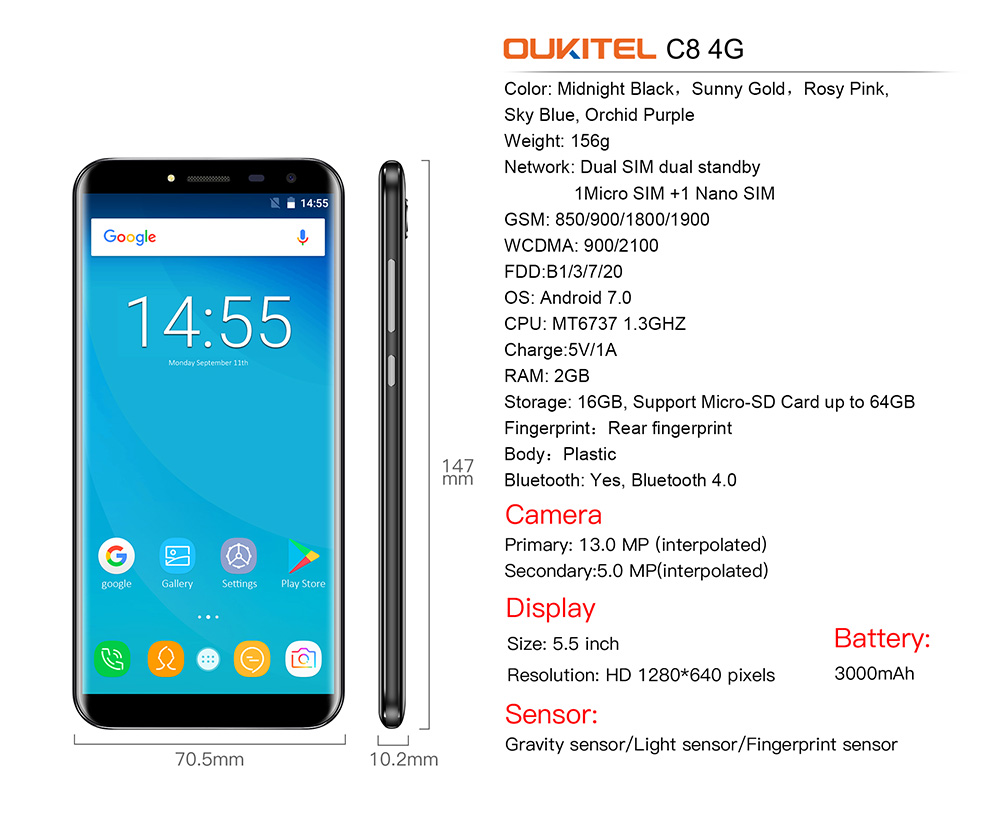 [HK Stock]Oukitel C8 4G 5.5 Inch Smartphone 18:9 Aspect Ratio HD Screen 13.0MP Camera MT6737 Quad Core 2GB RAM 16GB ROM Touch ID 3000mAh - Midnight Black