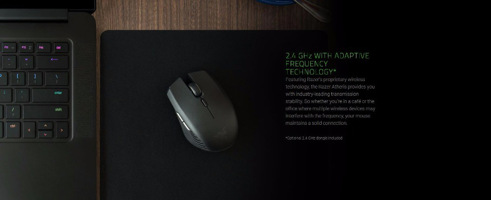 [HK Stock] Razer Atheris Wireless Gaming Mouse Bluetooth 2.4G Portable 7200 DPI Optical Sensor Dual Side Buttons Ambidextrous - Black