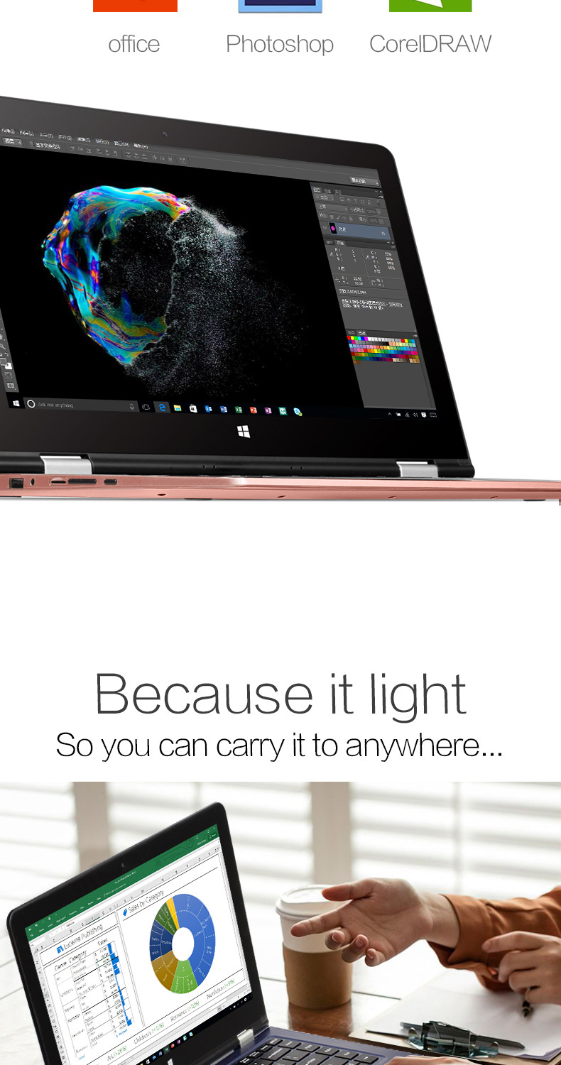 VOYO V3 Pro 13.3 Inch Windows 10  Notebook Quad Core 1.1GHz 8GB RAM 128G SSD ROM TF Card Dual Wifi 360 Degree Adjustable  Bluetooth 4.0 - Gold