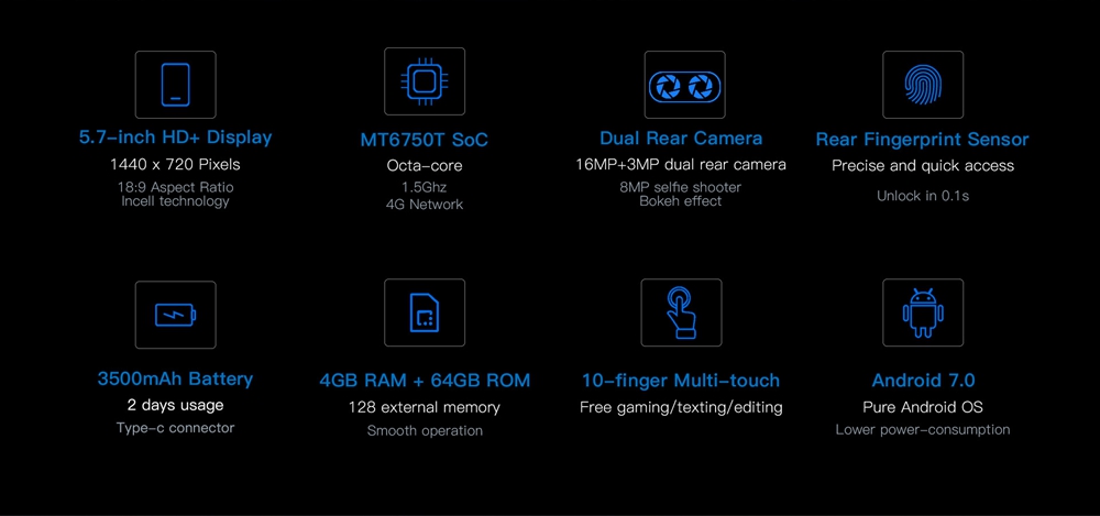 UHANS i8 5.7 Inch Smartphone 18:9 HD+ Full Screen 4GB 64GB MT6750T Octa Core Dual Rear Camera Android 7.0 Touch ID 3500mAh - Black